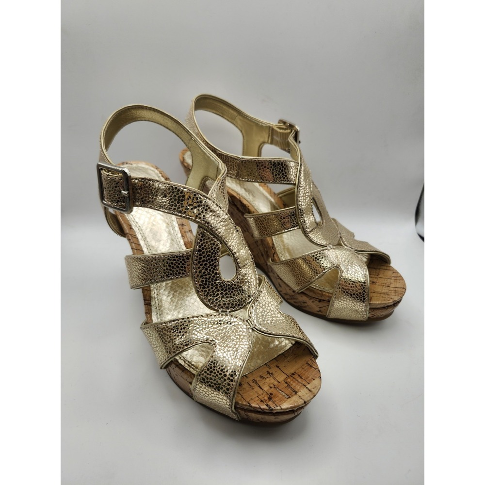 Gianni Bini Size 6M Wedge 5" Heel Sandal Metallic Gold Cork/Neutral Leather